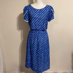 Vintage Mari Lynn Fashions Blue Striped Dress Sz 16 Stretch Waist